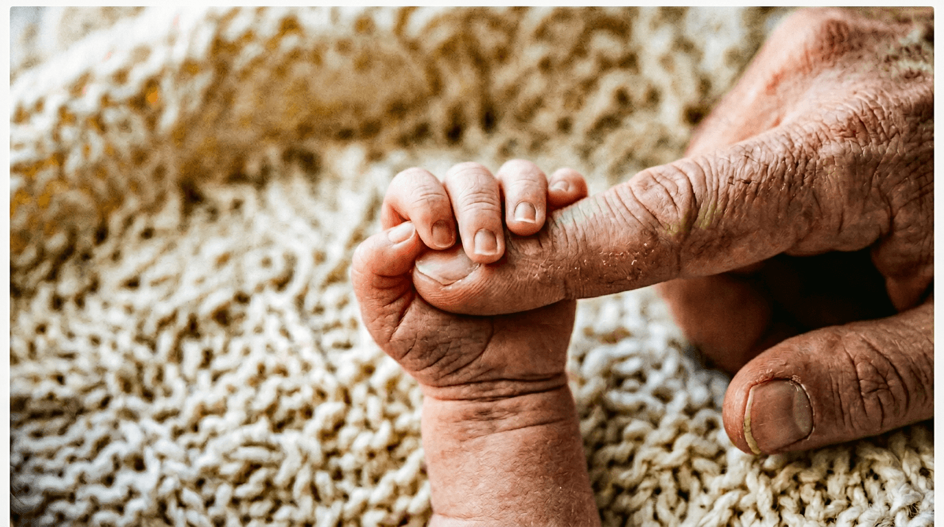 A newborn’s tiny hand wrapped around an adult finger