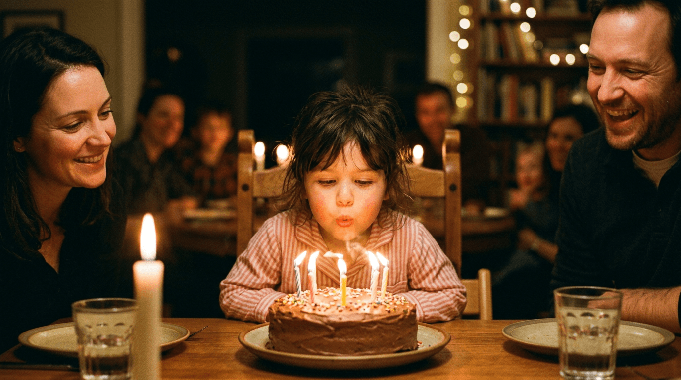 A child blowing out candles on a birthday cake by candlelight