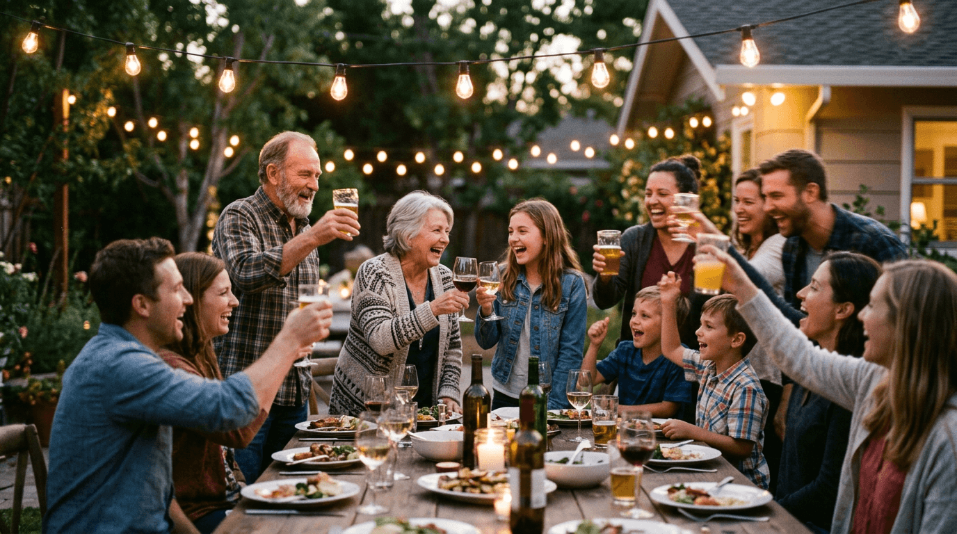 A multigenerational family toasting at an outdoor dinner under string lights