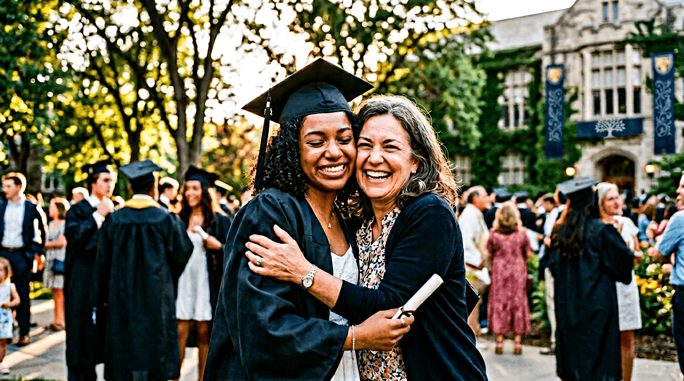 A graduate in cap and gown hugging a parent on the quad
