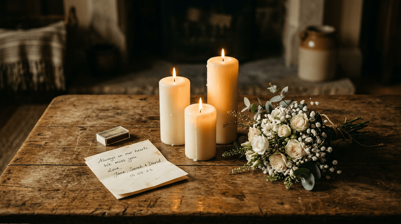 Three lit memorial candles beside white roses and a handwritten note