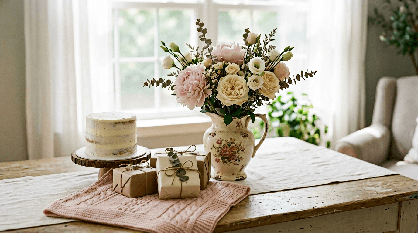 A baby shower table with peonies, a small cake and wrapped gifts