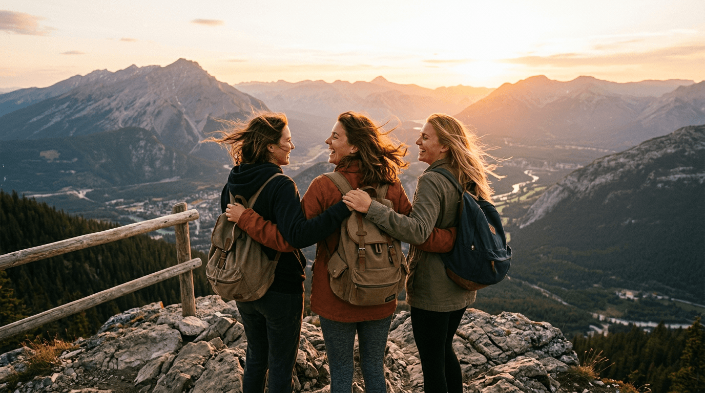 Three friends arm in arm at a mountain overlook at sunset
