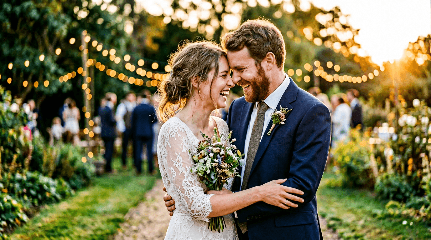 A bride and groom laughing forehead-to-forehead at golden hour